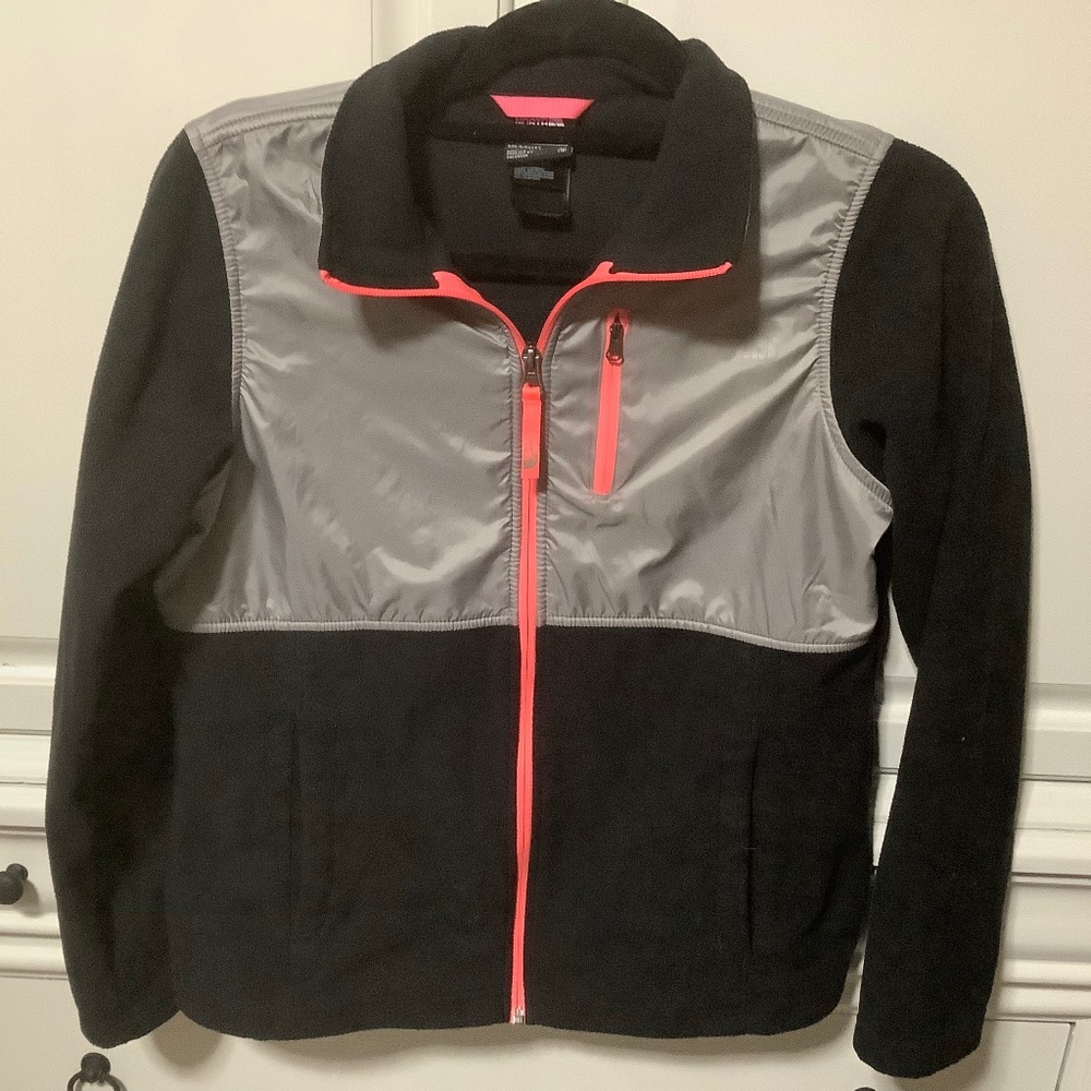 North Face girls size XL,18, preowned zip jacket, black, silver gray, pink